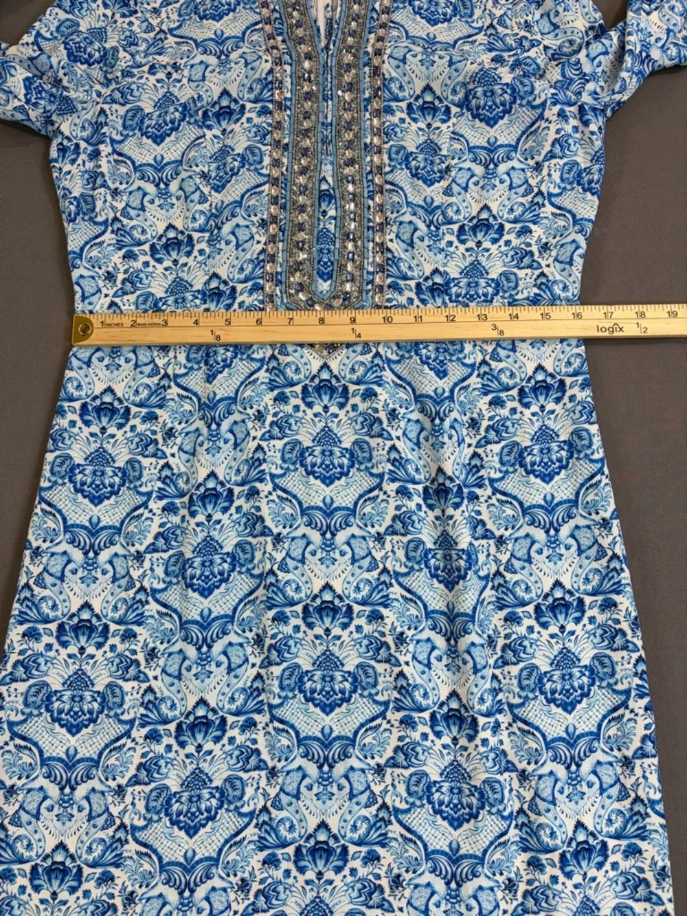 Nicoblu Beaded Resort Dress Blue White Mediterranean Luxe Size 6 - Picture 13 of 15